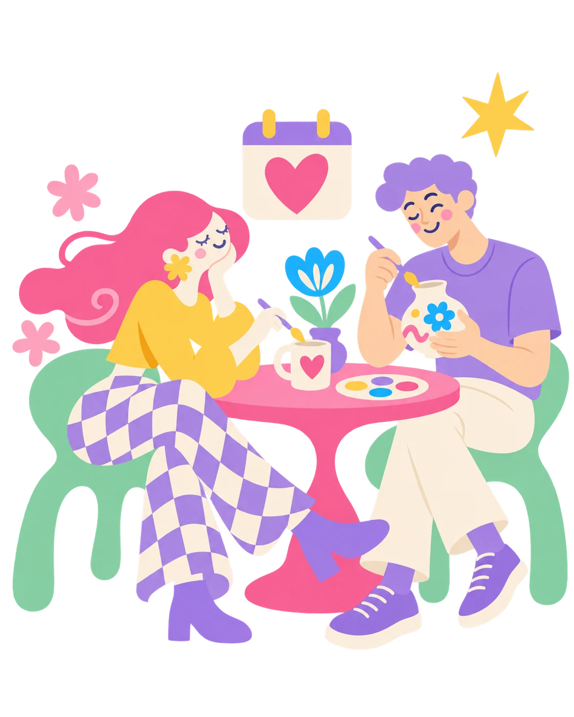 Illustration einer Frau und eines Mannes, die gemeinsam am rosa Tisch Keramik bemalen