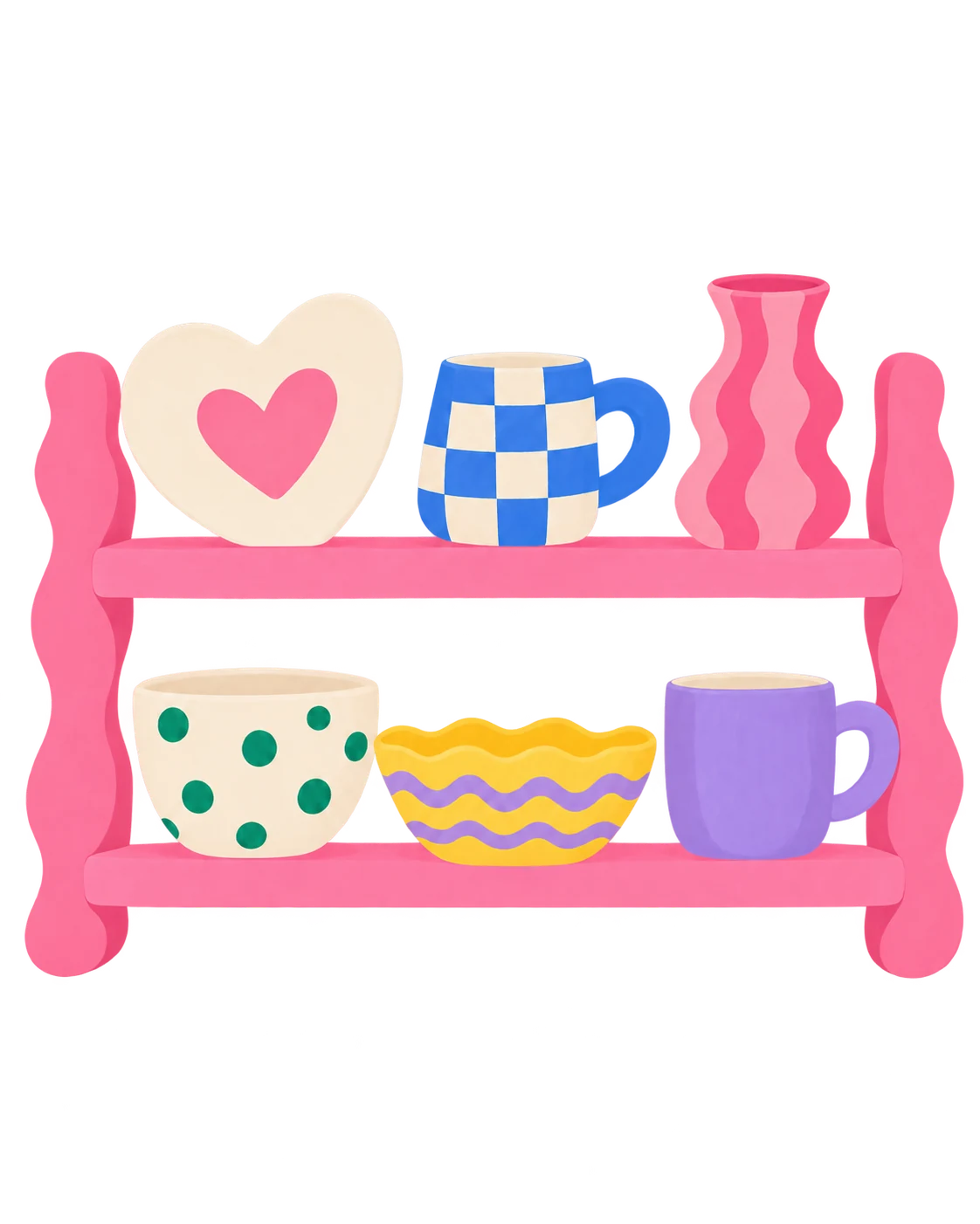 Illustration eines rosa Regals mit bunten Keramikstücken