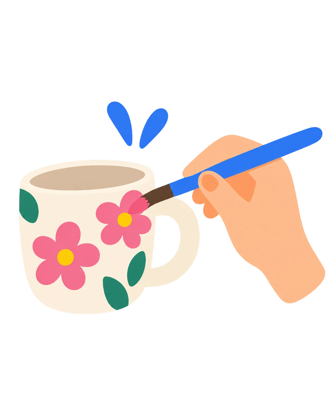 Illustration: Eine Hand malt Blumen auf eine Tasse