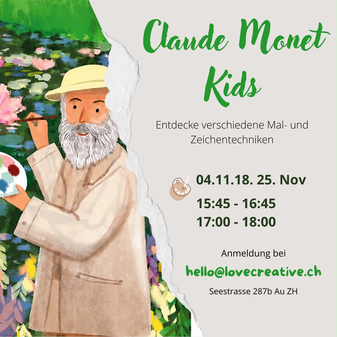 Claude Monet Kids — illustrierter Monet mit Palette vor Seerosen, Kursdaten im November